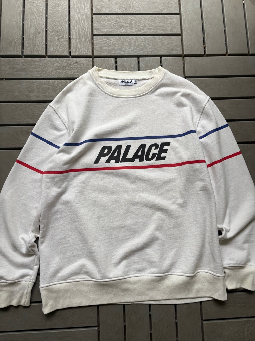 PALACE White Crewneck Sweatshirt with Red & Blue Stripes
